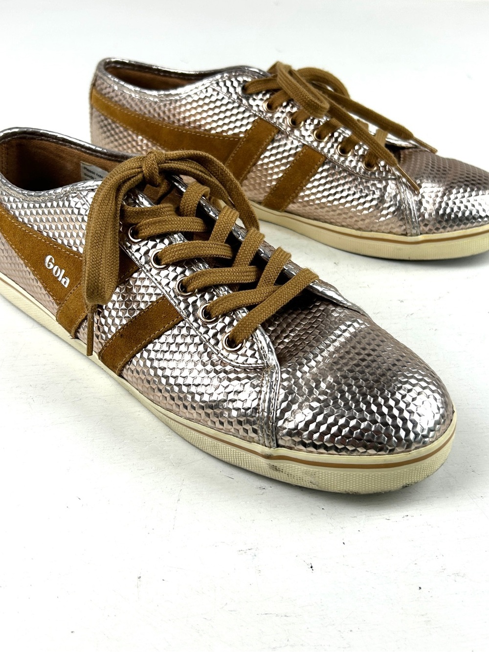 Gola Metallic Gold Reptile Scale Shoes With White Sole Trim Womens Size 10